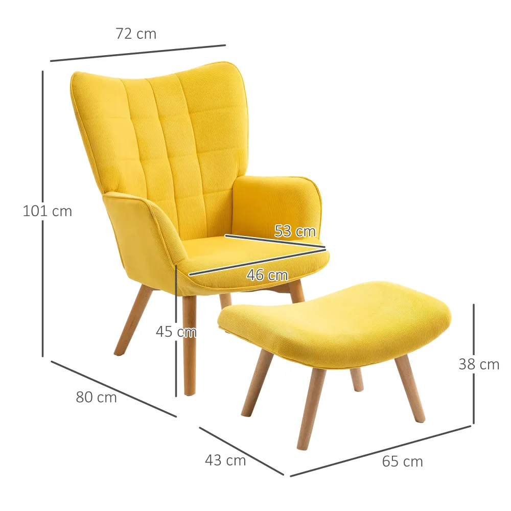 Accentstol med skammel, fløjlsbøjle lænestol, lænestol med træben, til stue, lemon
