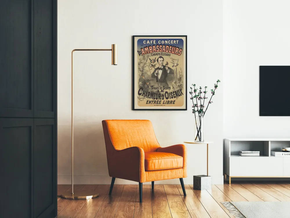 Vintage plakat af Café Concert des Ambassadeurs Le Charmeur d'Oiseaux