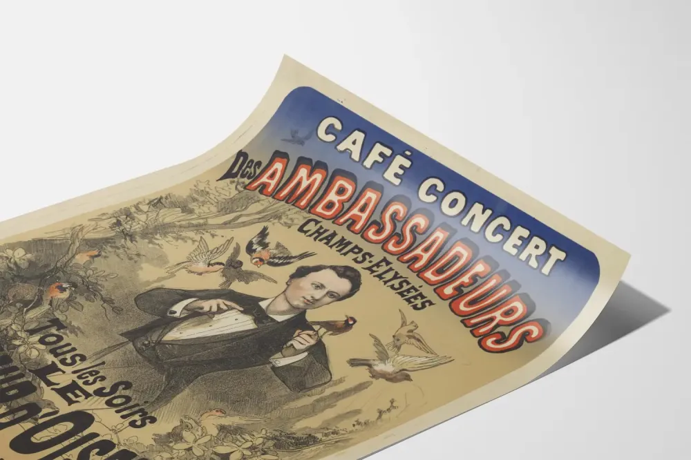 Vintage plakat af Café Concert des Ambassadeurs Le Charmeur d'Oiseaux