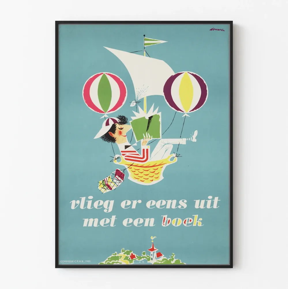 Vintage plakat 'Vlieg er eens uit met een boek' vægdekoration