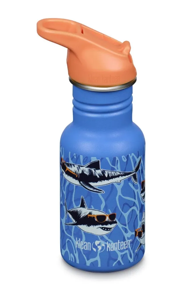 Klean Kanteen Kid's vandflaske i non-corrosive stål med Flip Seal Sport Cap og sugerør, Sharks Shades, 355 ml