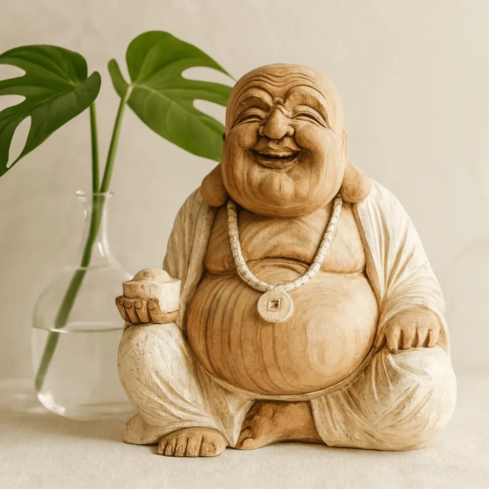 Buddha statue glad hvidvasket suartræ 40cm