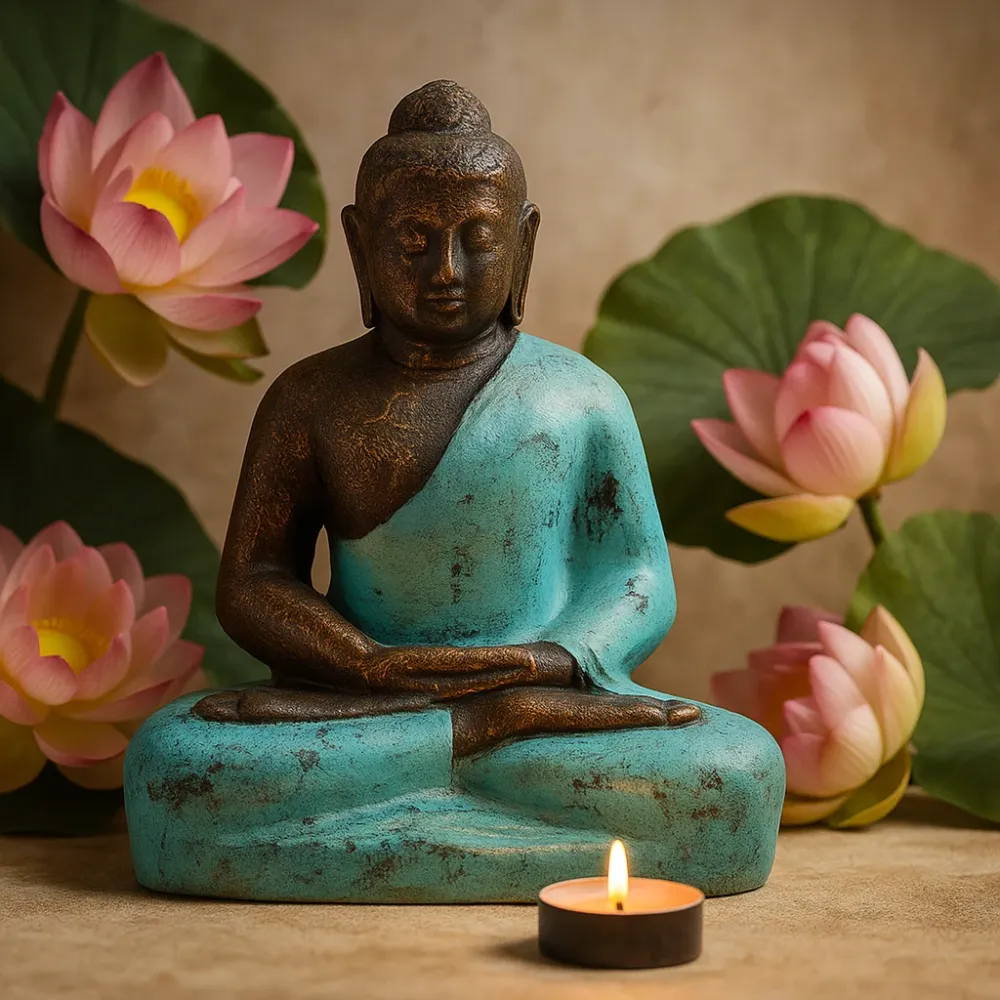 Buddha statue 0,5 m turkis og stenfinish
