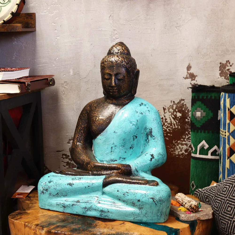Buddha statue 0,5 m turkis og stenfinish