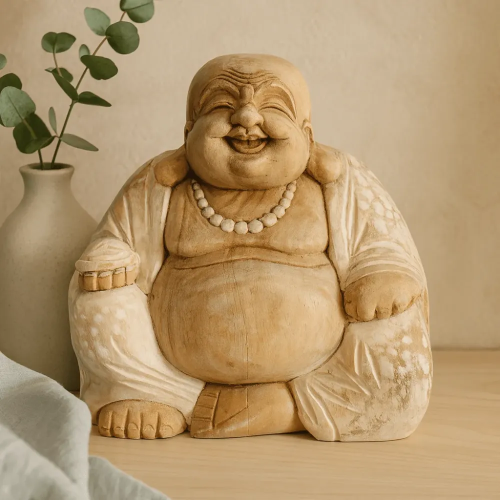 Glad Buddha Statue Håndskåret Hvidvasket Træ 30cm