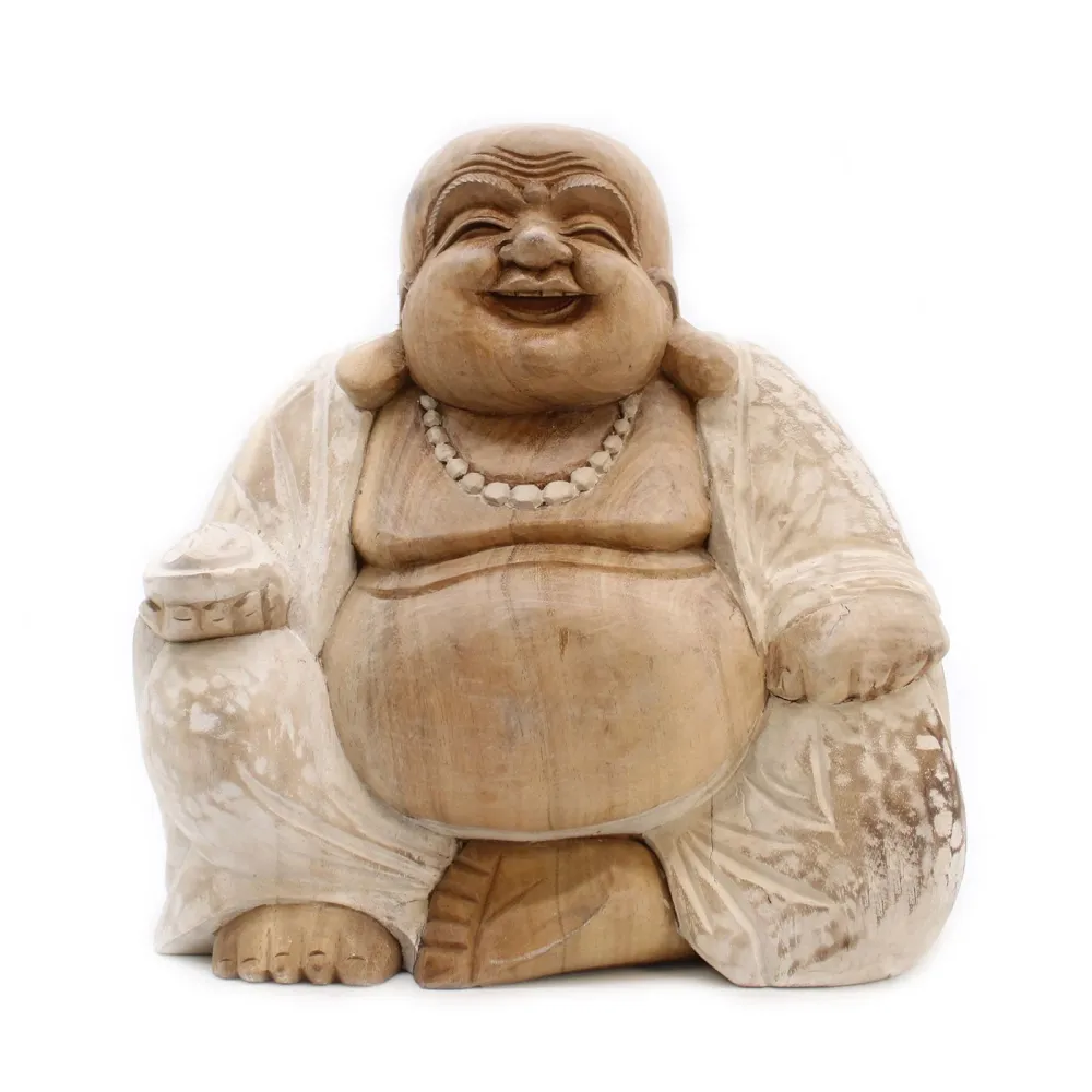 Glad Buddha Statue Håndskåret Hvidvasket Træ 30cm