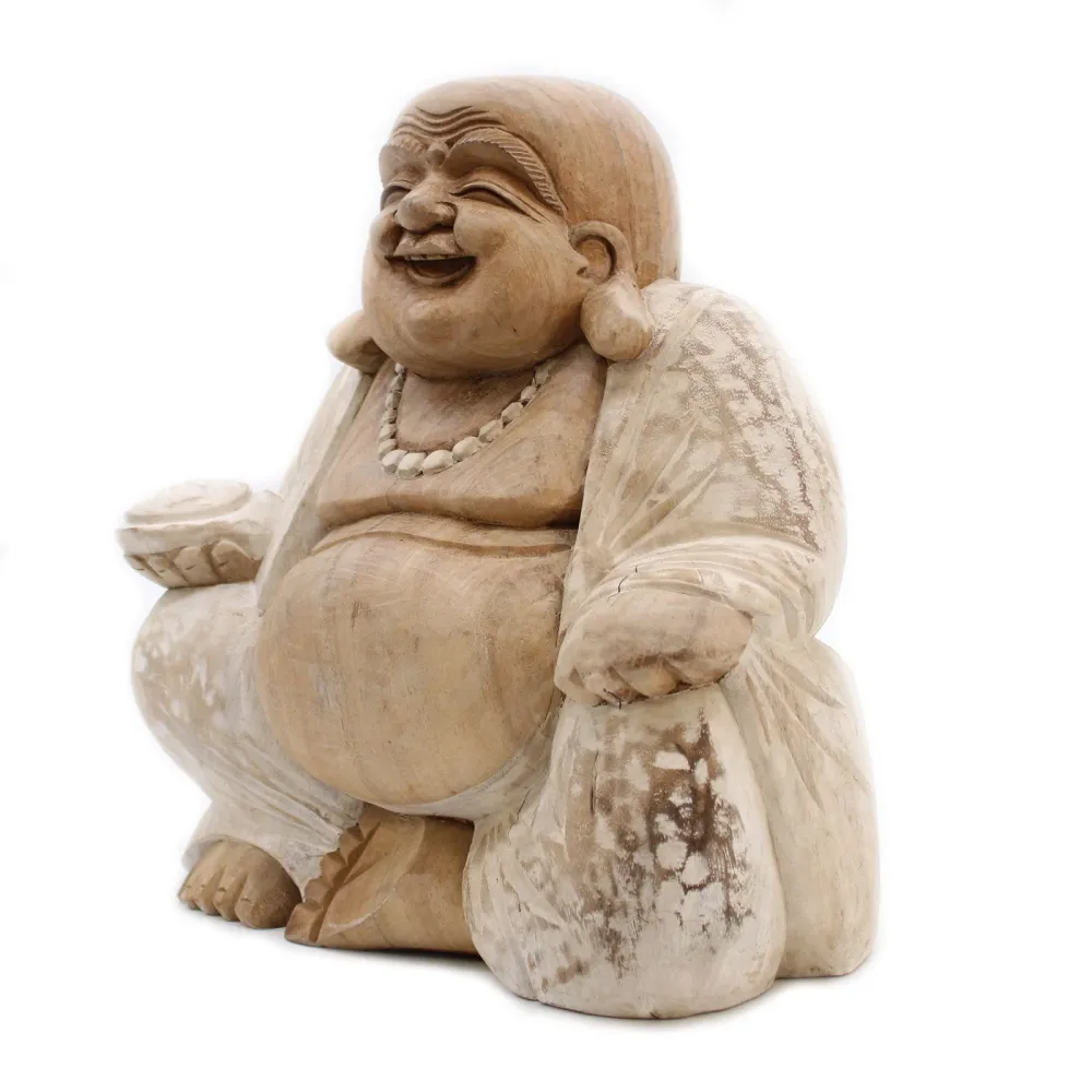 Glad Buddha Statue Håndskåret Hvidvasket Træ 30cm
