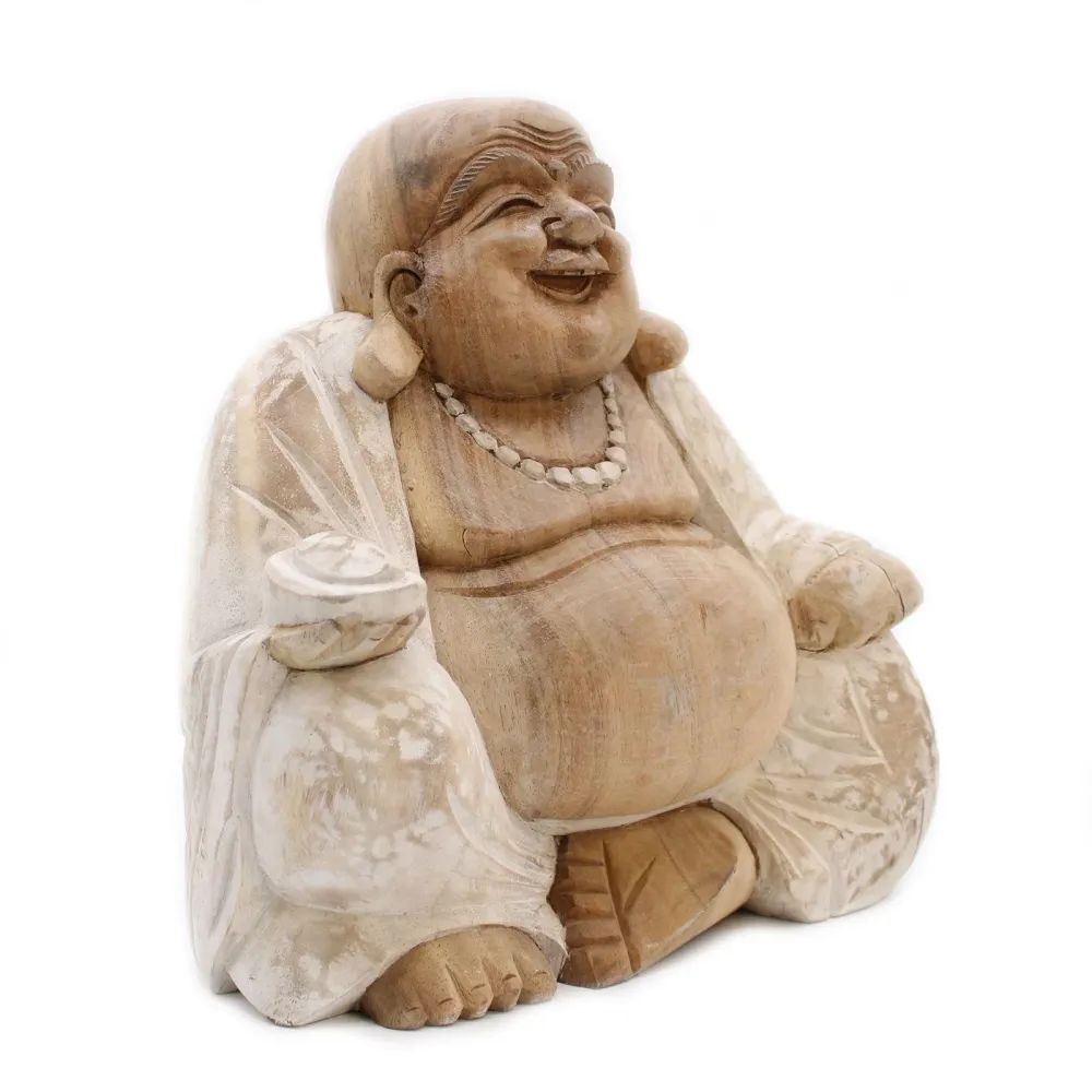 Glad Buddha Statue Håndskåret Hvidvasket Træ 30cm