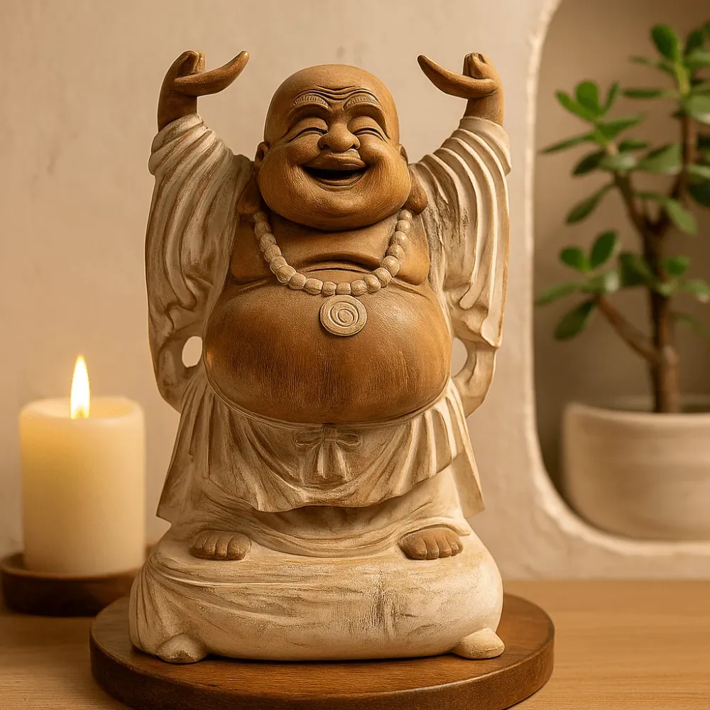 Grinende Buddha Statue Hænder Op Hvidvask 40cm