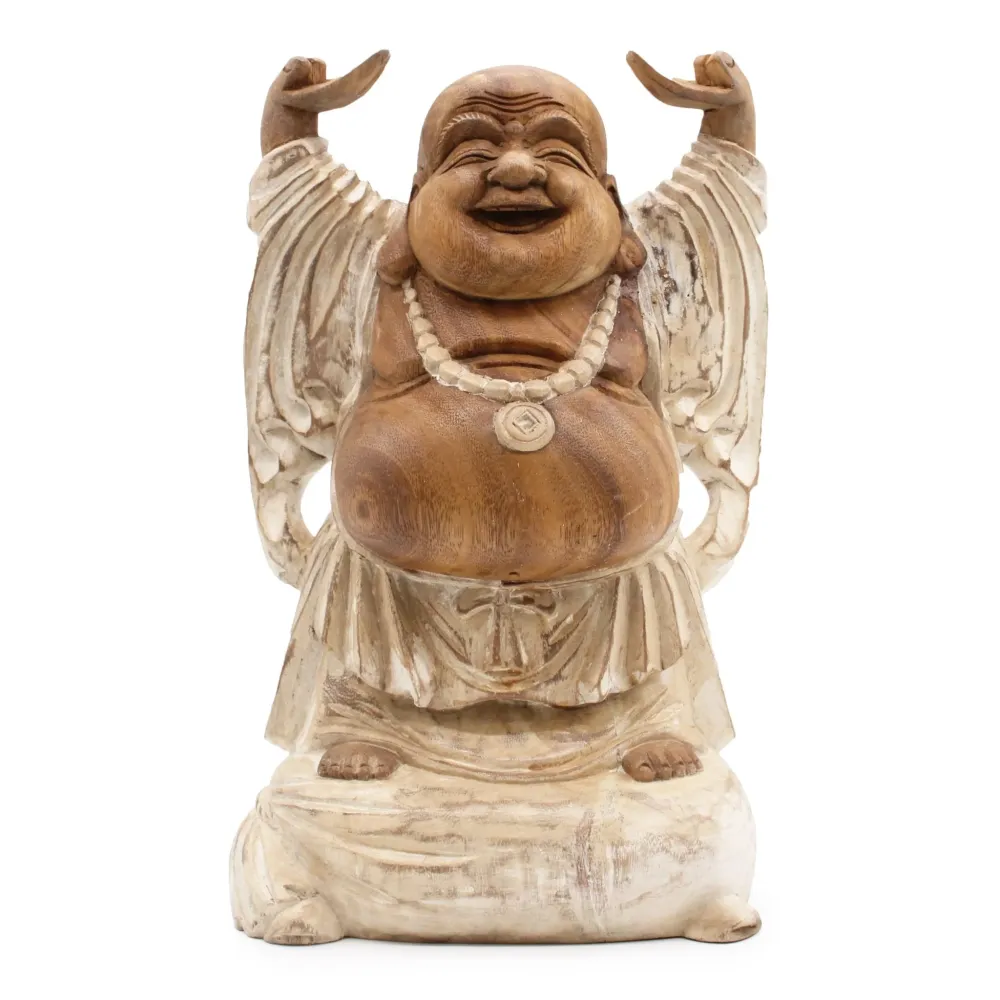 Grinende Buddha Statue Hænder Op Hvidvask 40cm