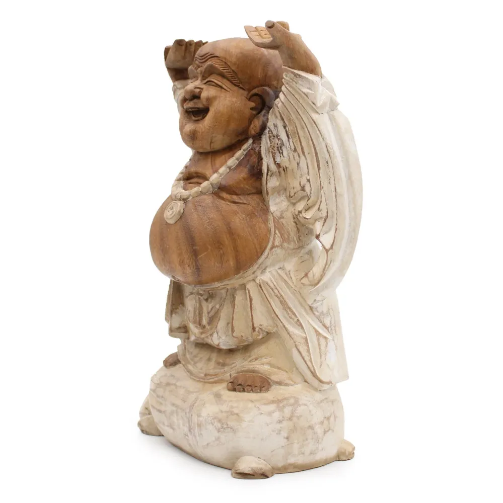 Grinende Buddha Statue Hænder Op Hvidvask 40cm