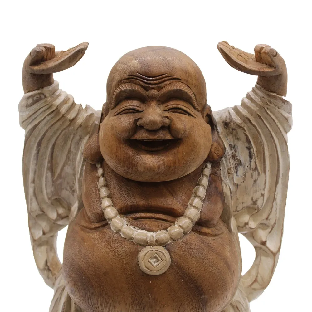 Grinende Buddha Statue Hænder Op Hvidvask 40cm