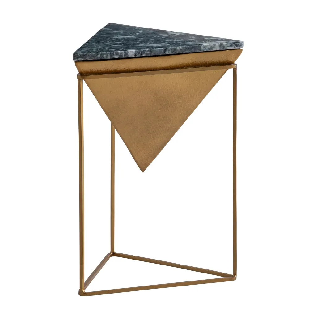 Sidebord, ægte marmor, stål, 37x37x53 cm, grøn og guld, lille trekantet sidebord, moderne stuebord, marmorbord med kendete...