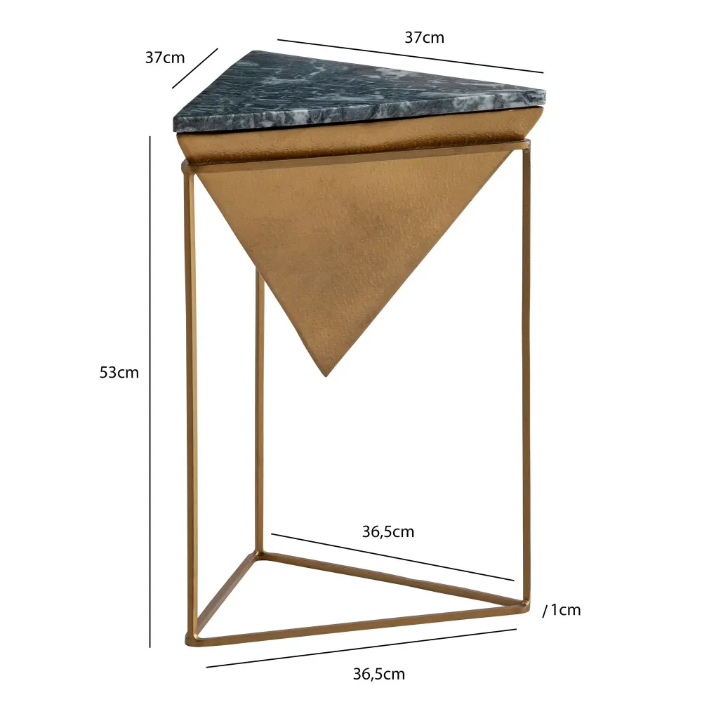 Sidebord, ægte marmor, stål, 37x37x53 cm, grøn og guld, lille trekantet sidebord, moderne stuebord, marmorbord med kendete...