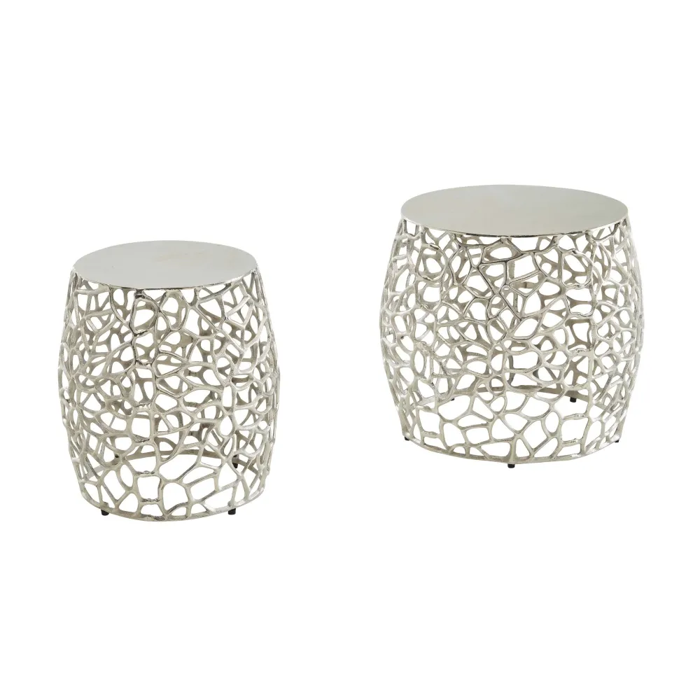 Sidebordsæt med 2, aluminium, sølvdesign, indskudsborde, alloy, rundt, stuebord, sofabord, grenstruktur, moderne, 2-delt s...