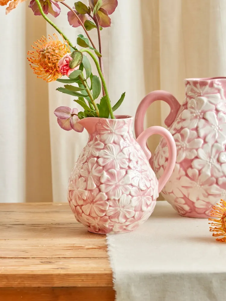 Medium Keramik Kande med blomster - Lyserød