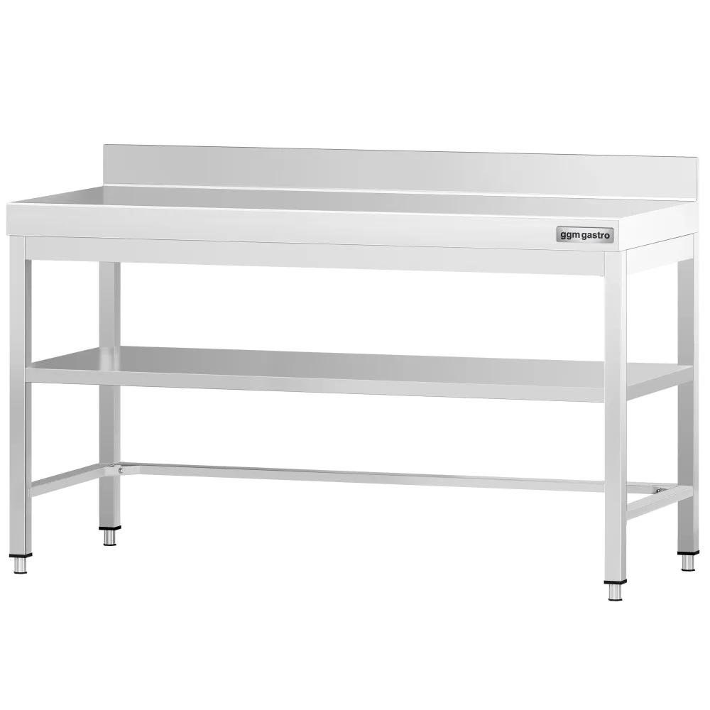 Rustfrit Stålbord PREMIER - 1,6 m - med hylde underhylde, bagkant & afstivning