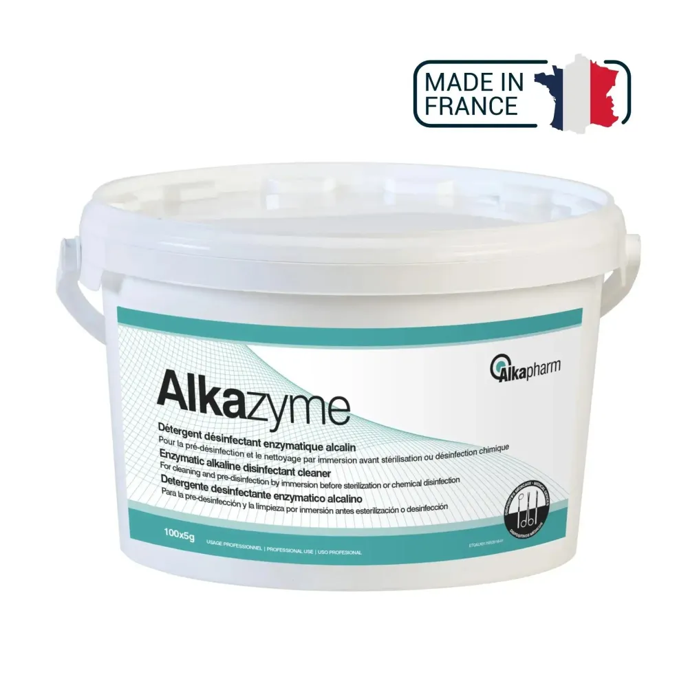 Alkazyme - Alkaline enzymatisk desinfektionsmiddel - Spand - 100 x 5 g - Alkapharm