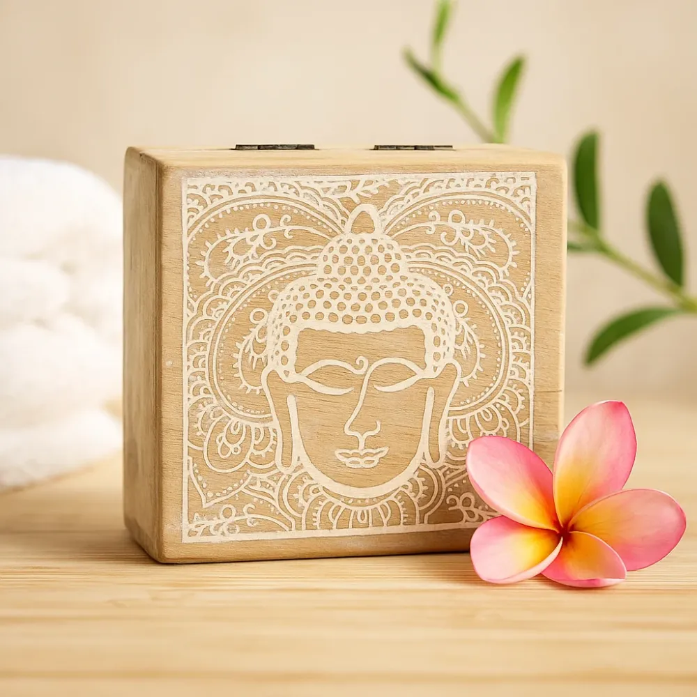 Buddha ansigt boks firkantet hvidvask 10x10x4.2cm