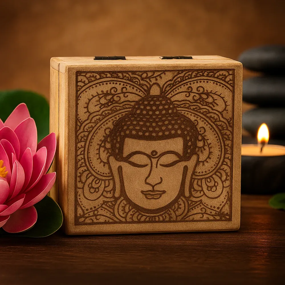 Firkantet æske Buddha ansigt sort indgraveret 10x10x4.2cm