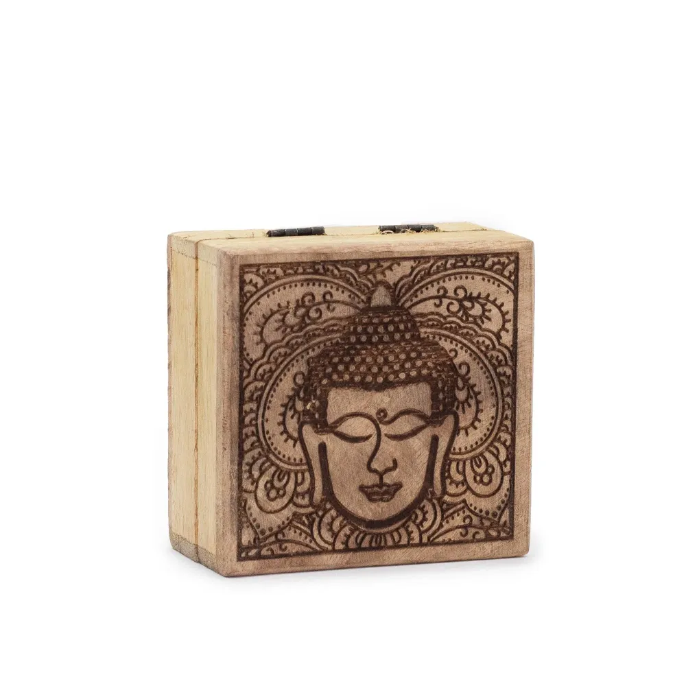 Firkantet æske Buddha ansigt sort indgraveret 10x10x4.2cm
