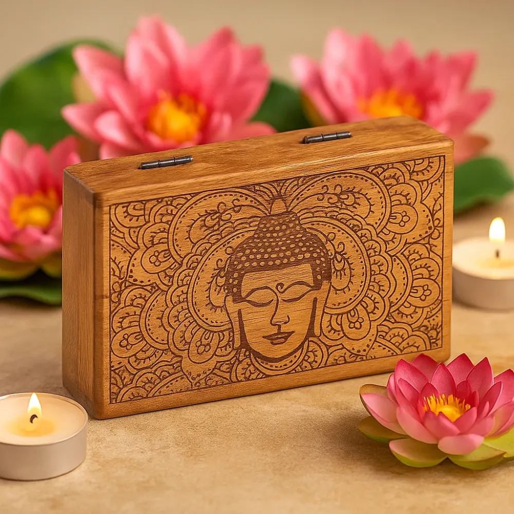 Firkantet æske Buddha ansigt sort indgraveret 17x10x4.2 cm