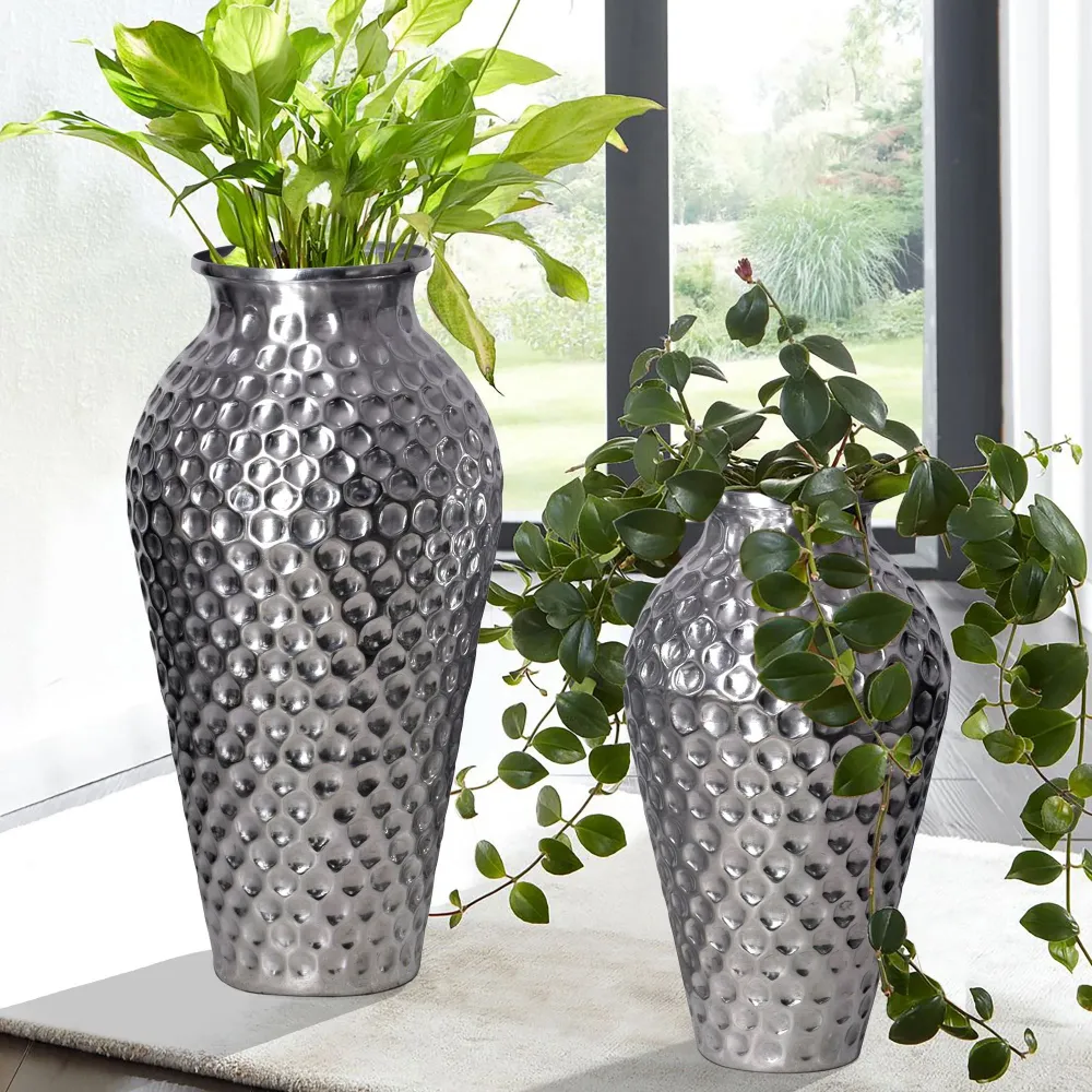 Dekorativ vase sæt med 2, aluminium sølv amfora blomstervaser, -style, runde dekorative vaser, 2-delt sæt til blomster, al...