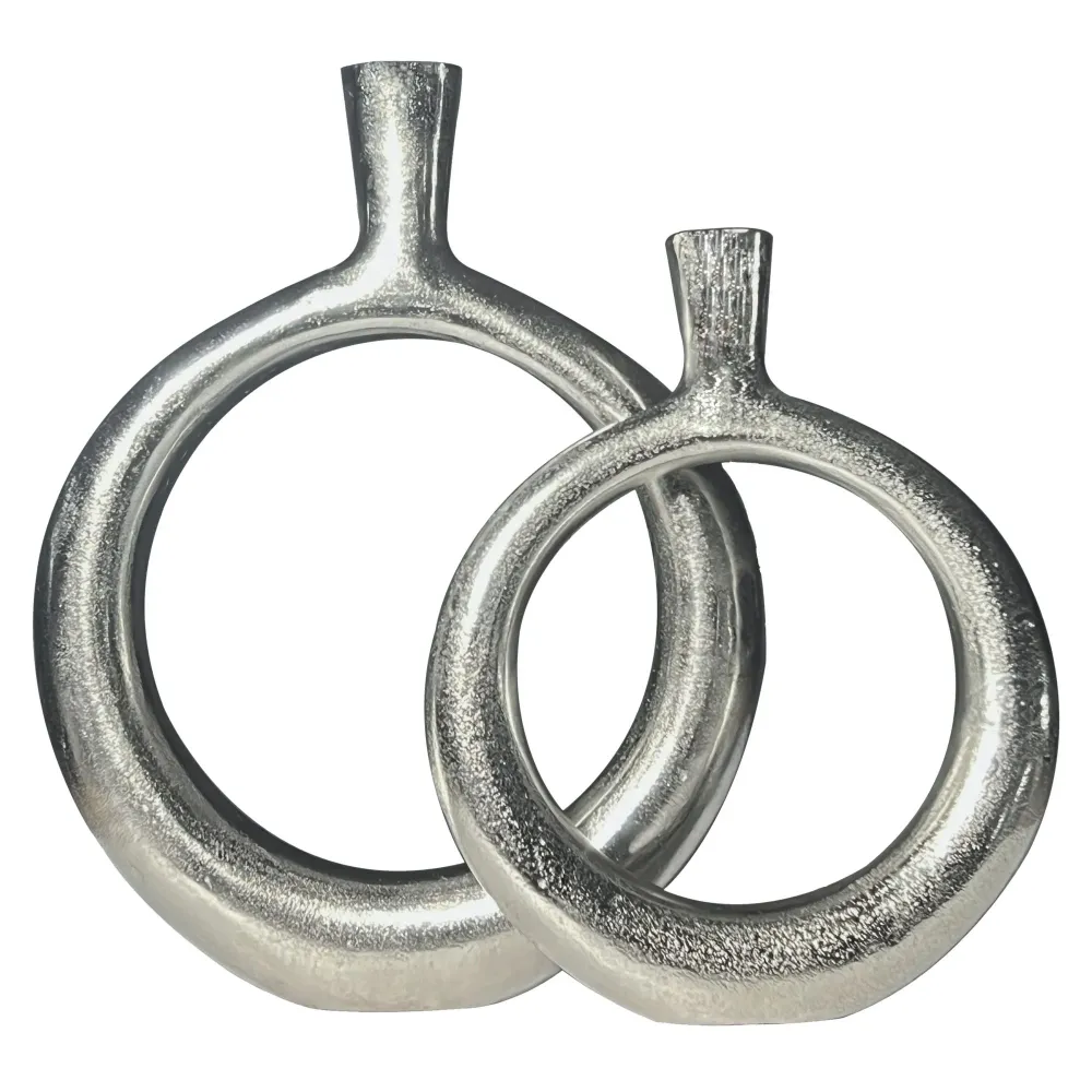 Dekorativ vase sæt med 2, aluminium sølv donut blomstervaser, moderne, runde dekorative vaser, 2-delt sæt til blomster, al...