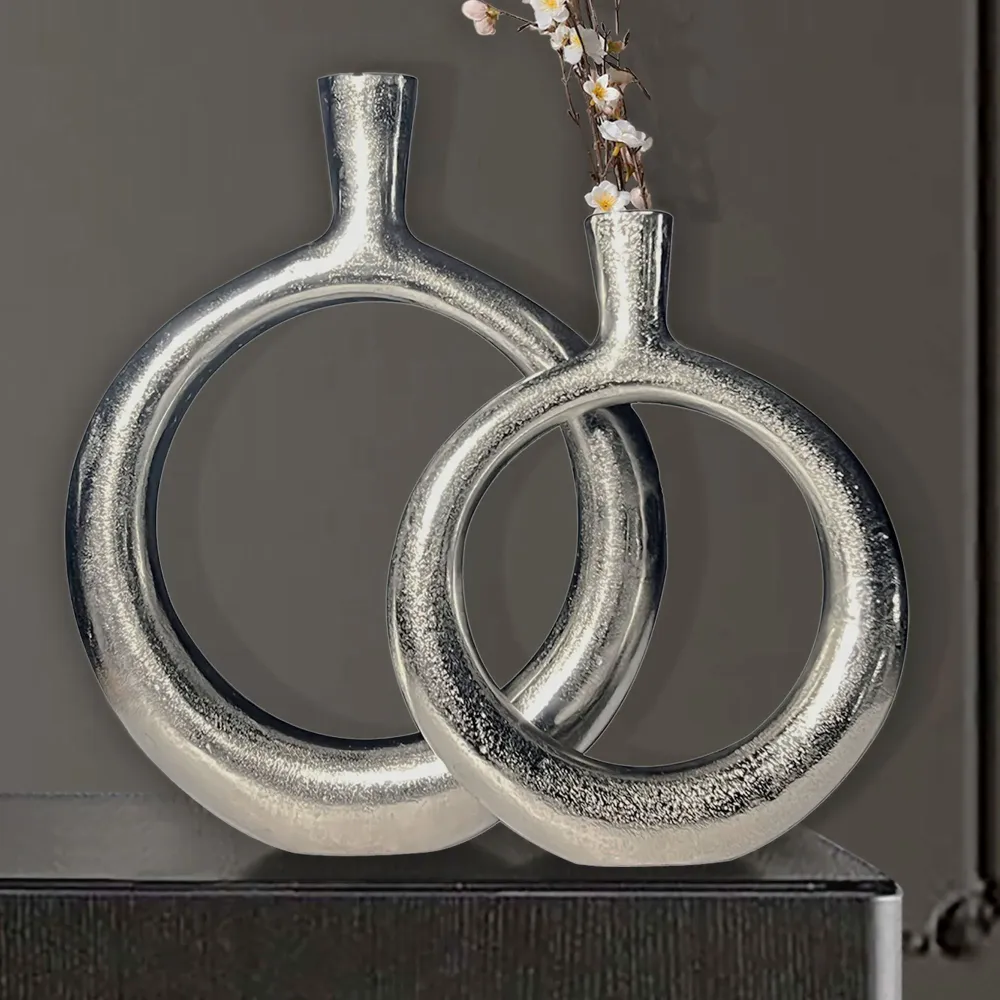 Dekorativ vase sæt med 2, aluminium sølv donut blomstervaser, moderne, runde dekorative vaser, 2-delt sæt til blomster, al...