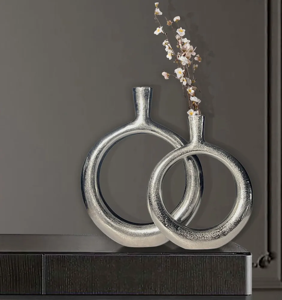 Dekorativ vase sæt med 2, aluminium sølv donut blomstervaser, moderne, runde dekorative vaser, 2-delt sæt til blomster, al...