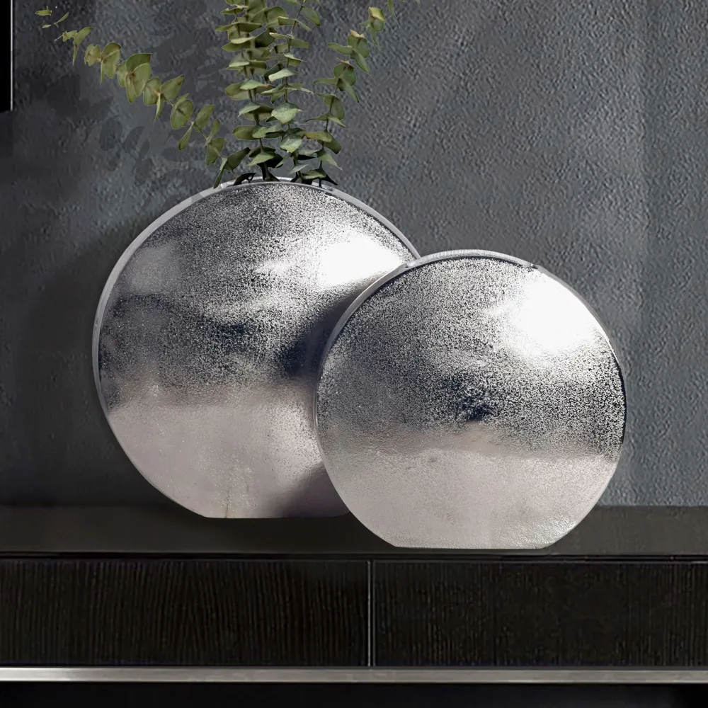 Dekorativ vase sæt med 2, aluminium sølv, trendy blomstervaser, runde dekorative vaser, 2-delt sæt til blomster, aluminium...
