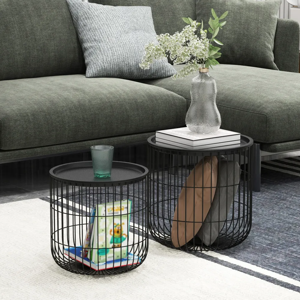 Sæt med 2 sideborde i skandinavisk stil med opbevaringsplads, stabelbare, charcoal