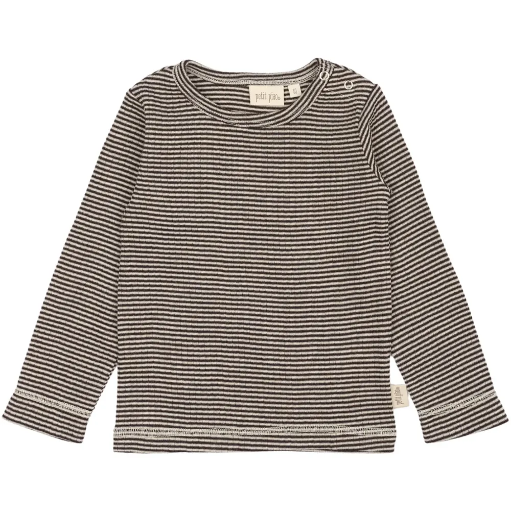 Petit Piao Coffee Bean/Dark Off White PPDante T-Shirt L/S Meriono Uld Pinstripet 80
