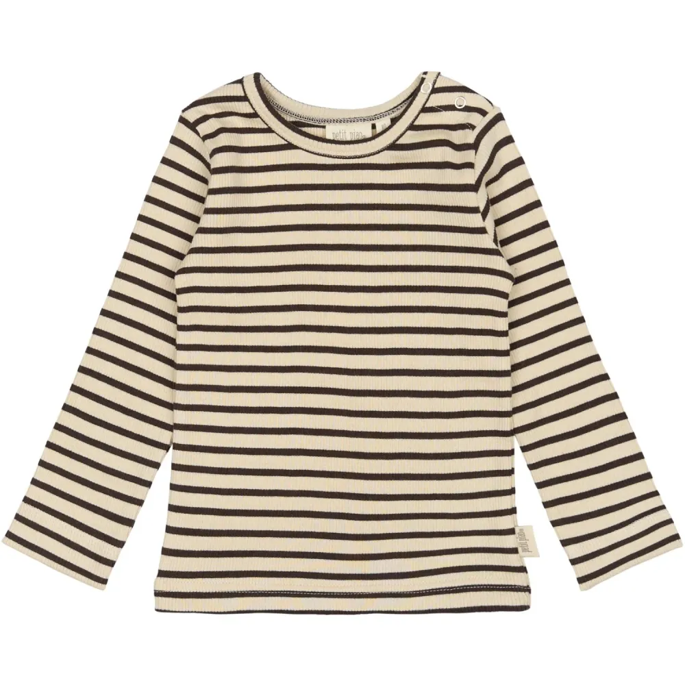 Petit Piao Coffee Bean/off White T-shirt L/S Modal Pinstripet Coffee Lovers 80