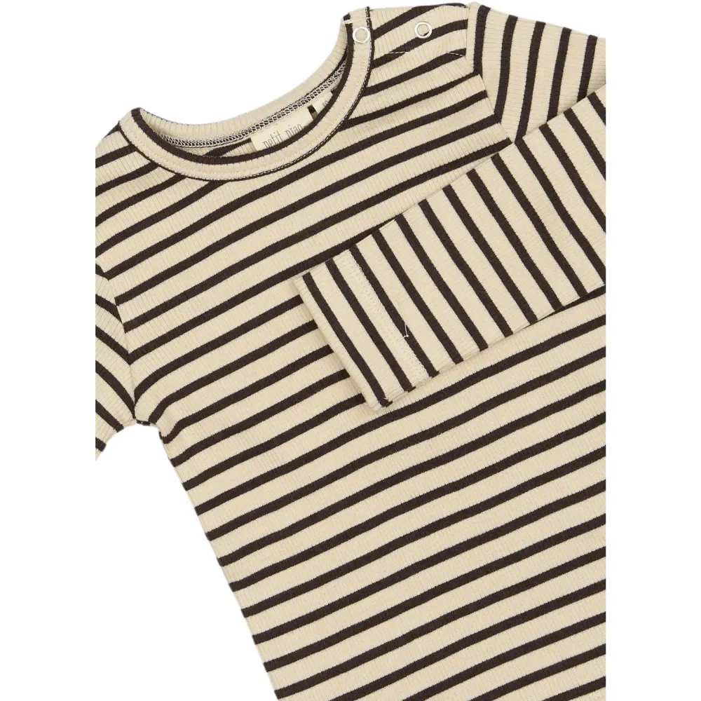 Petit Piao Coffee Bean/off White T-shirt L/S Modal Pinstripet Coffee Lovers 80