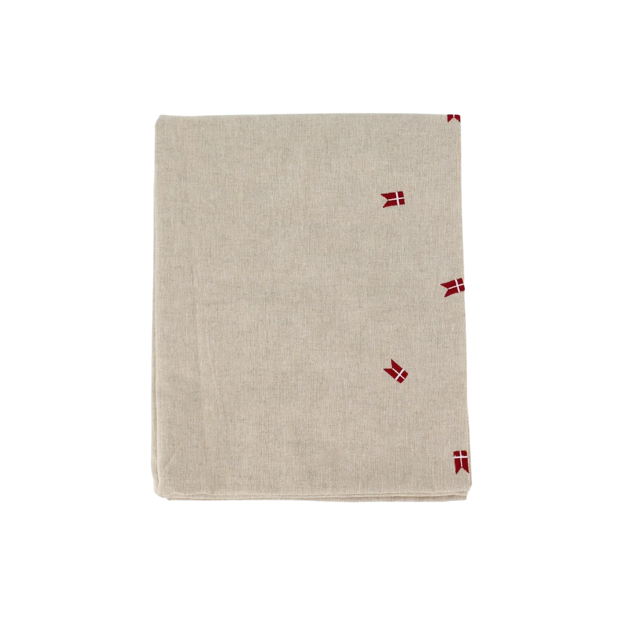 Dug m. Broderet Dansk Flag ( 140x270cm) Hørfarve