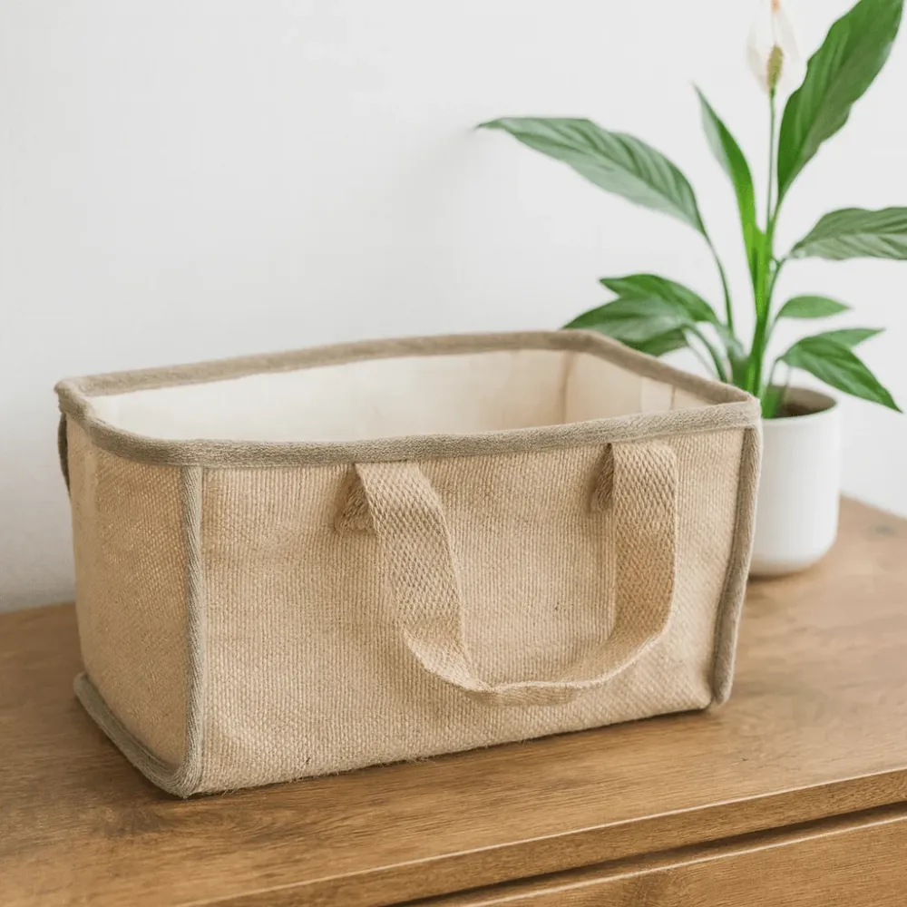 Indkøbskurv Jute Bomuld Foret Naturlig 33x18x20cm