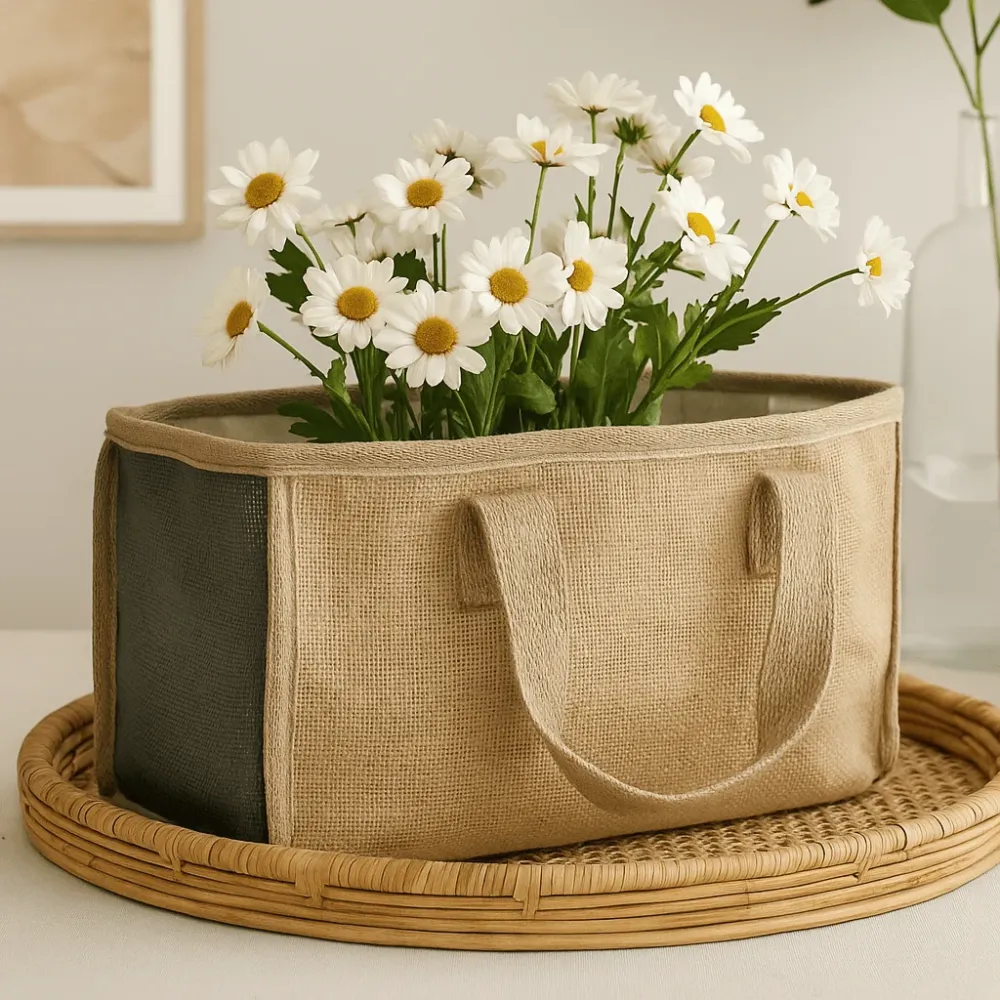 Indkøbskurv Jute Bomuld, Trækul 33x18x20cm