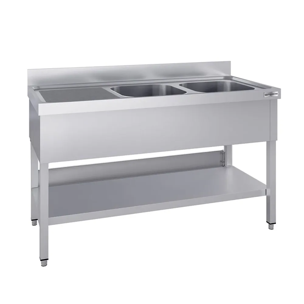 Stålbord med vask til gryder ECO - 1,6m - 2 vaske til højre L 50 x B 50 x D 30 cm