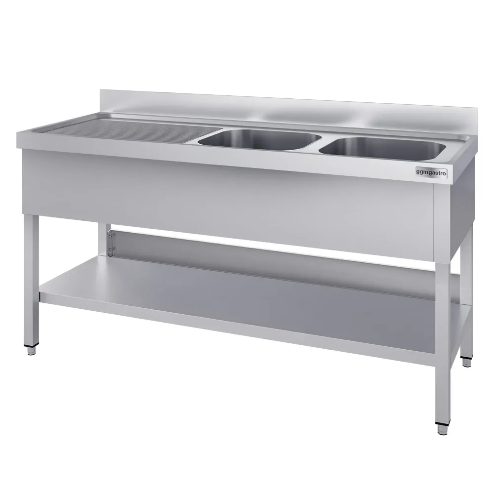 Stålbord med vask til gryder ECO - 1,6m - 2 vaske til højre L 50 x B 50 x D 30 cm