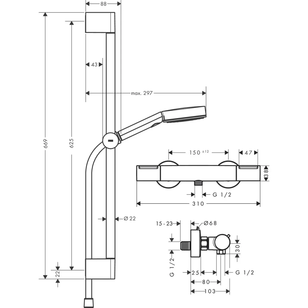 Hansgrohe Pulsify Pick S Brusesystem 105 3jet Relaxation EcoSmart med termostat Ecostat Element og bruserstang 65 cm – krom