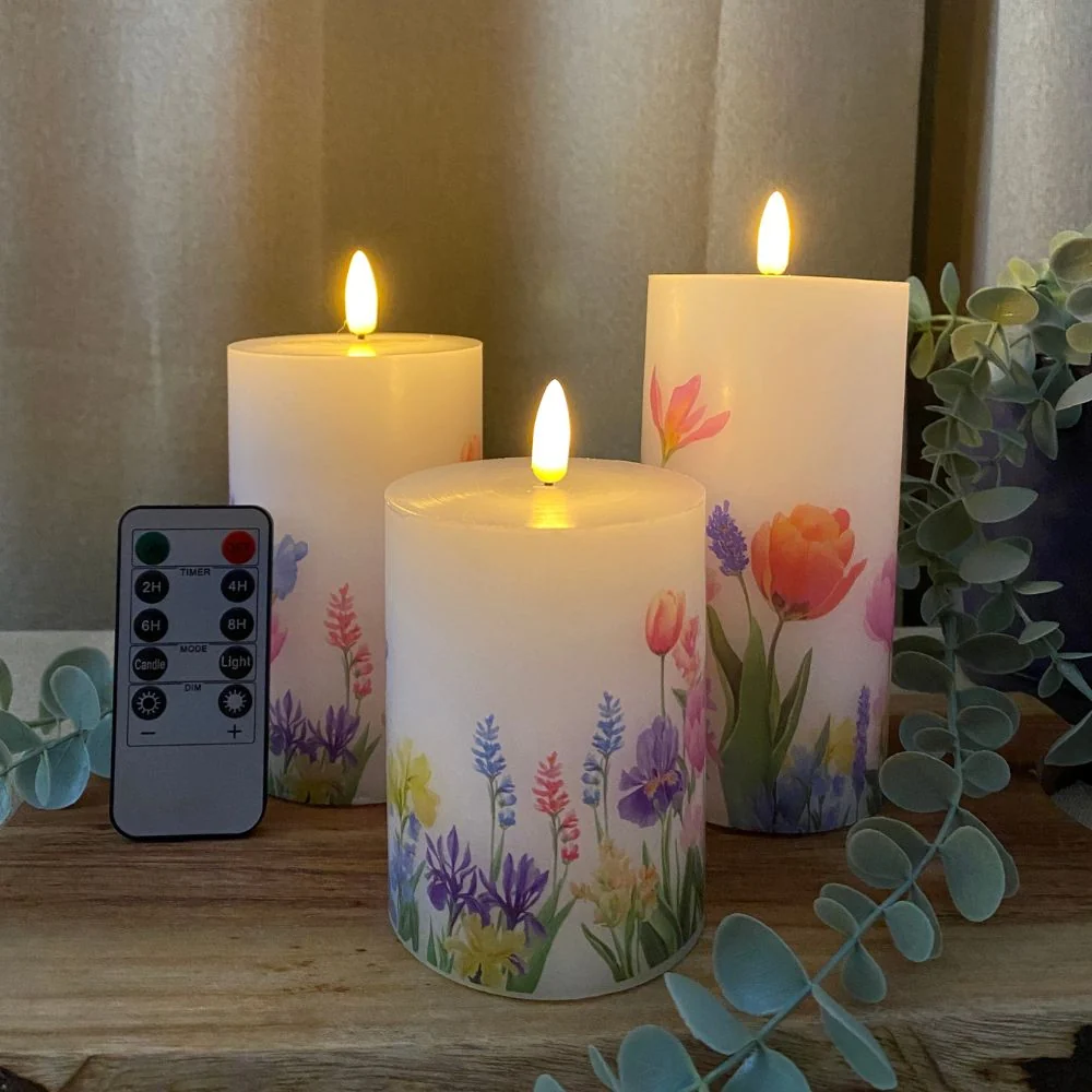 LED bloklys sæt med 3 stk. - blomster med fjernbetjening og timerfunktion