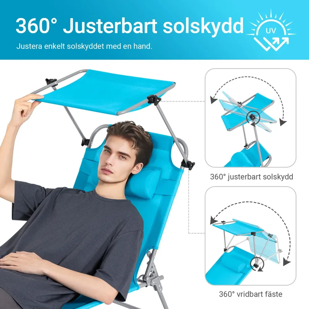 Foldbar solstol med nakkepude og fleksibel solskærm – til have og altan, turkis