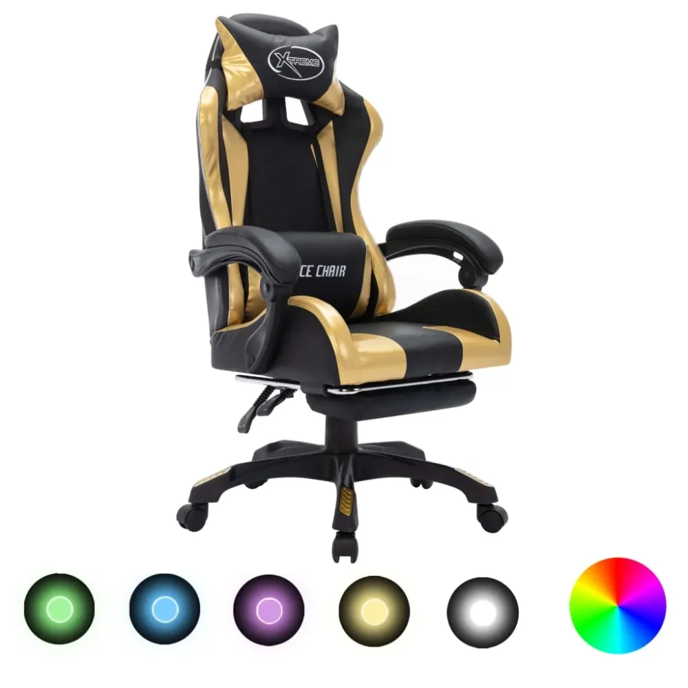gamingstol m. LED-lys RGB-farver kunstlæder guld og onyx