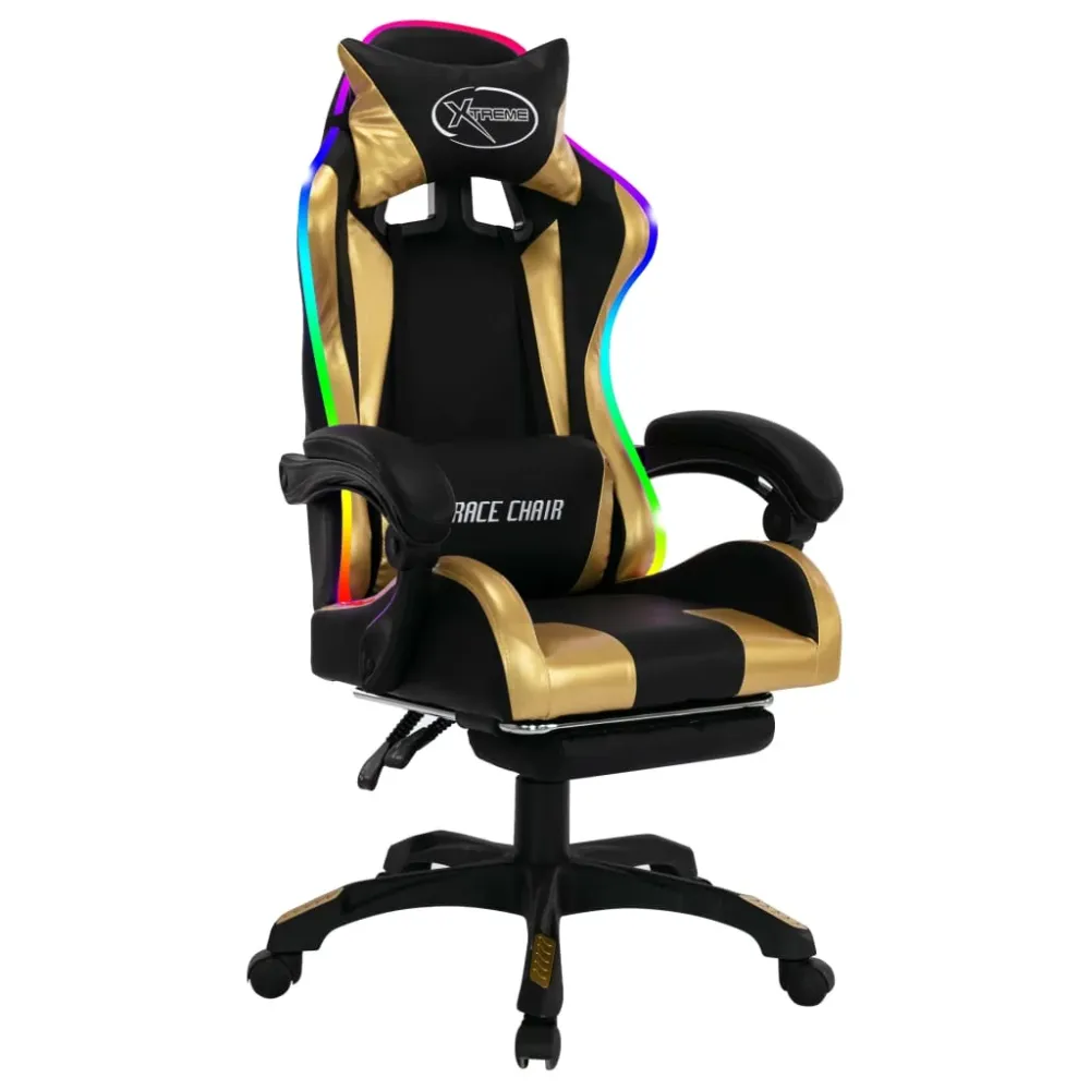 gamingstol m. LED-lys RGB-farver kunstlæder guld og onyx