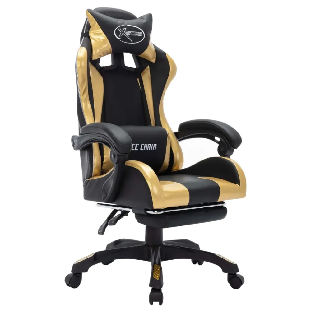 gamingstol m. LED-lys RGB-farver kunstlæder guld og onyx
