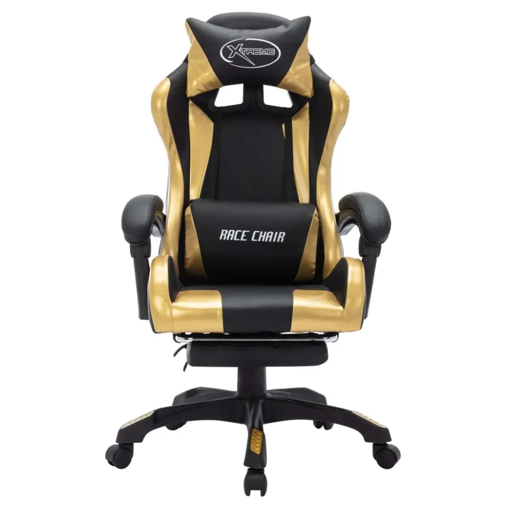 gamingstol m. LED-lys RGB-farver kunstlæder guld og onyx