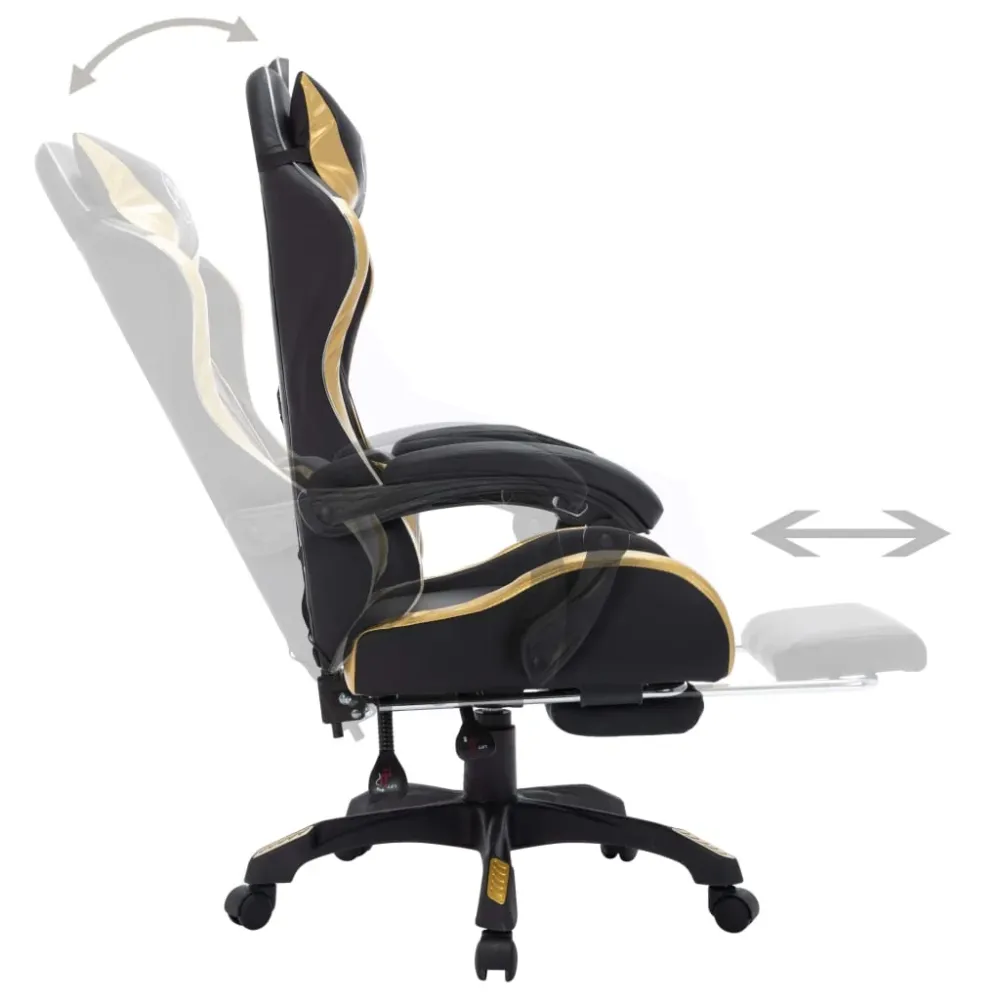 gamingstol m. LED-lys RGB-farver kunstlæder guld og onyx