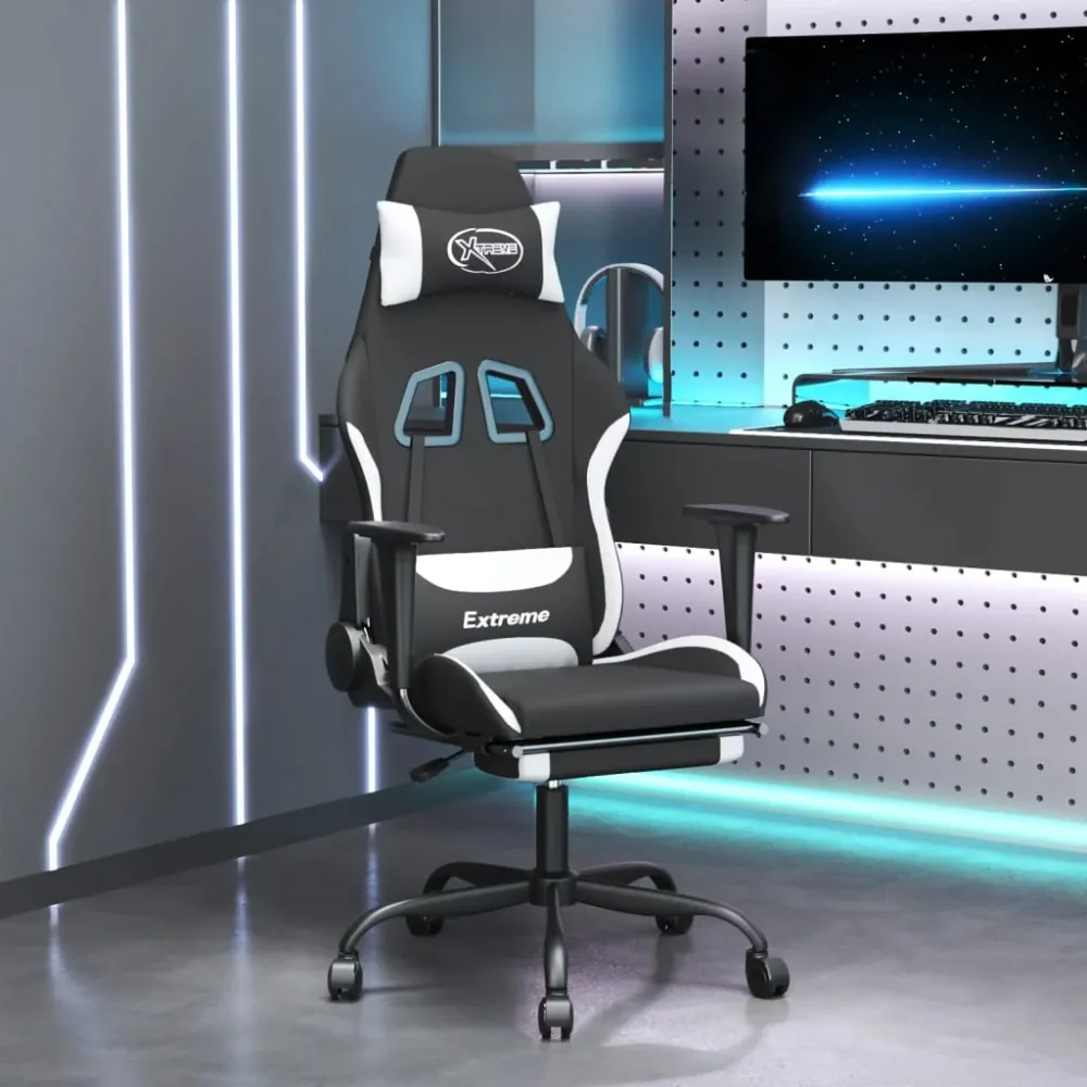 gamingstol med massagefunktion + fodstøtte stof midnight og hvid