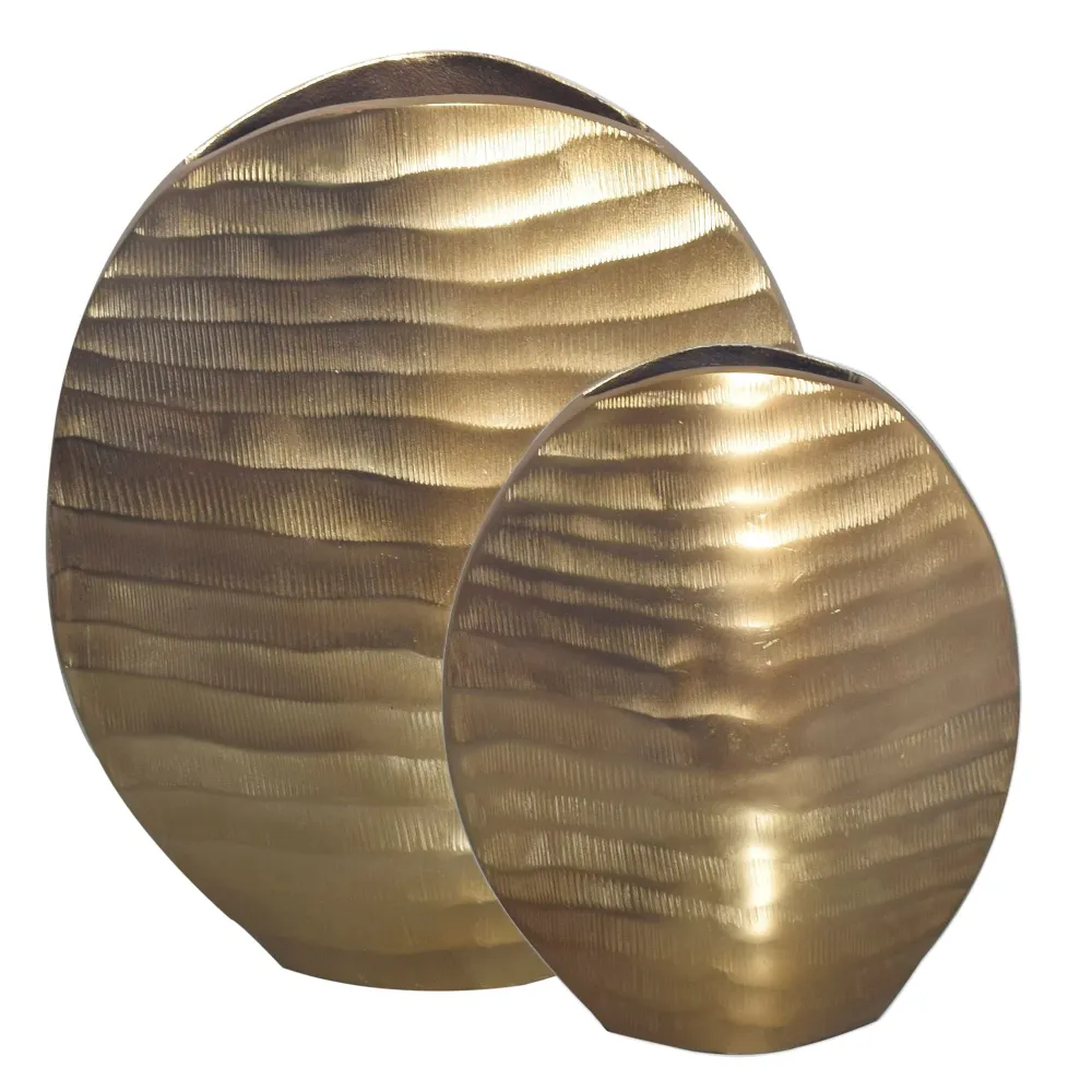 Dekorativ vase sæt med 2, aluminium guld, bølgemønster, trendy, rund dekorativ vase, 2-delt sæt til blomster, aluminiums b...